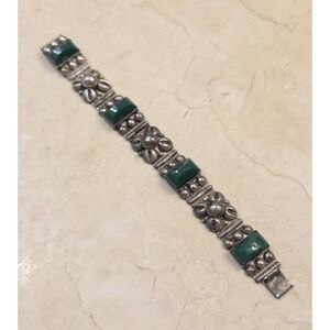 Vintage Art Deco Sterling Silver Green Onyx Link Bracelet 6.25" Mexico 25 Grams